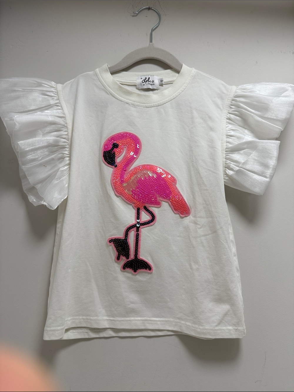 Lola + The Boys Short Sleeve Tee w/sequin Pink Flamingo sz 6 NWOT white - Picture 4 of 7